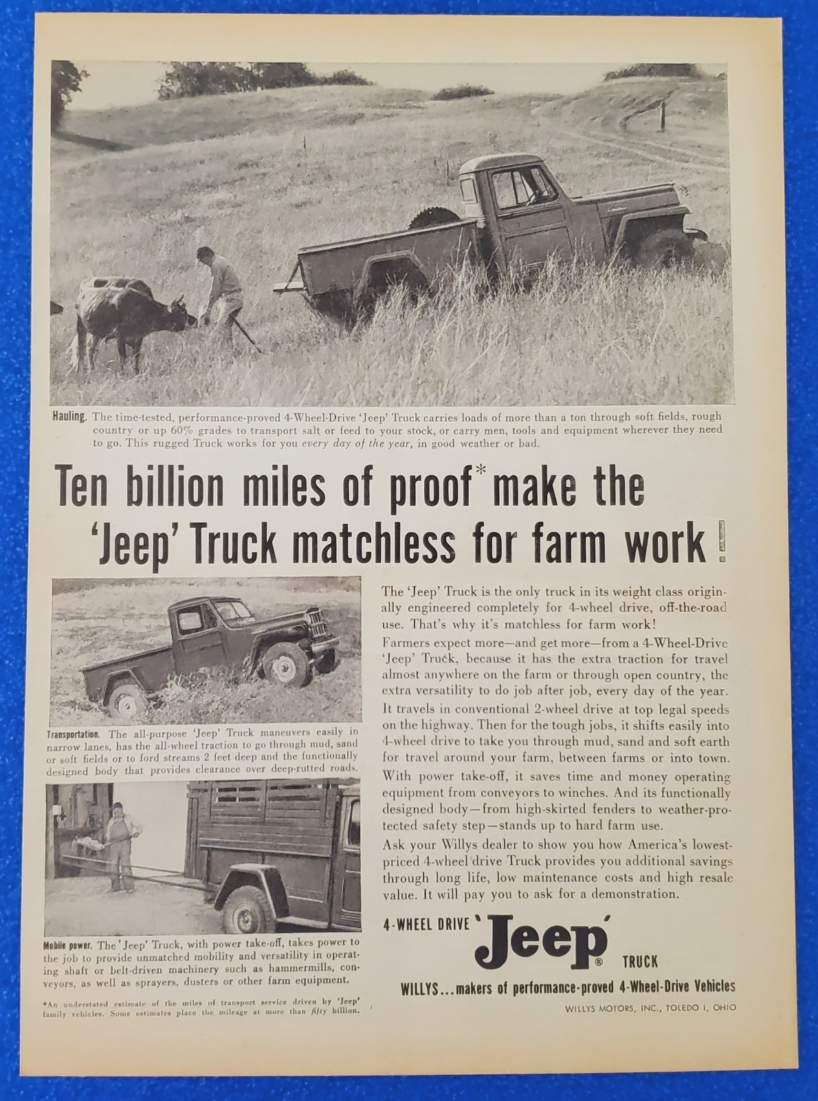 1954 Willys Jeep 4×4 Truck Print Ad Ten Billion Miles Workhorse Hardware Relic