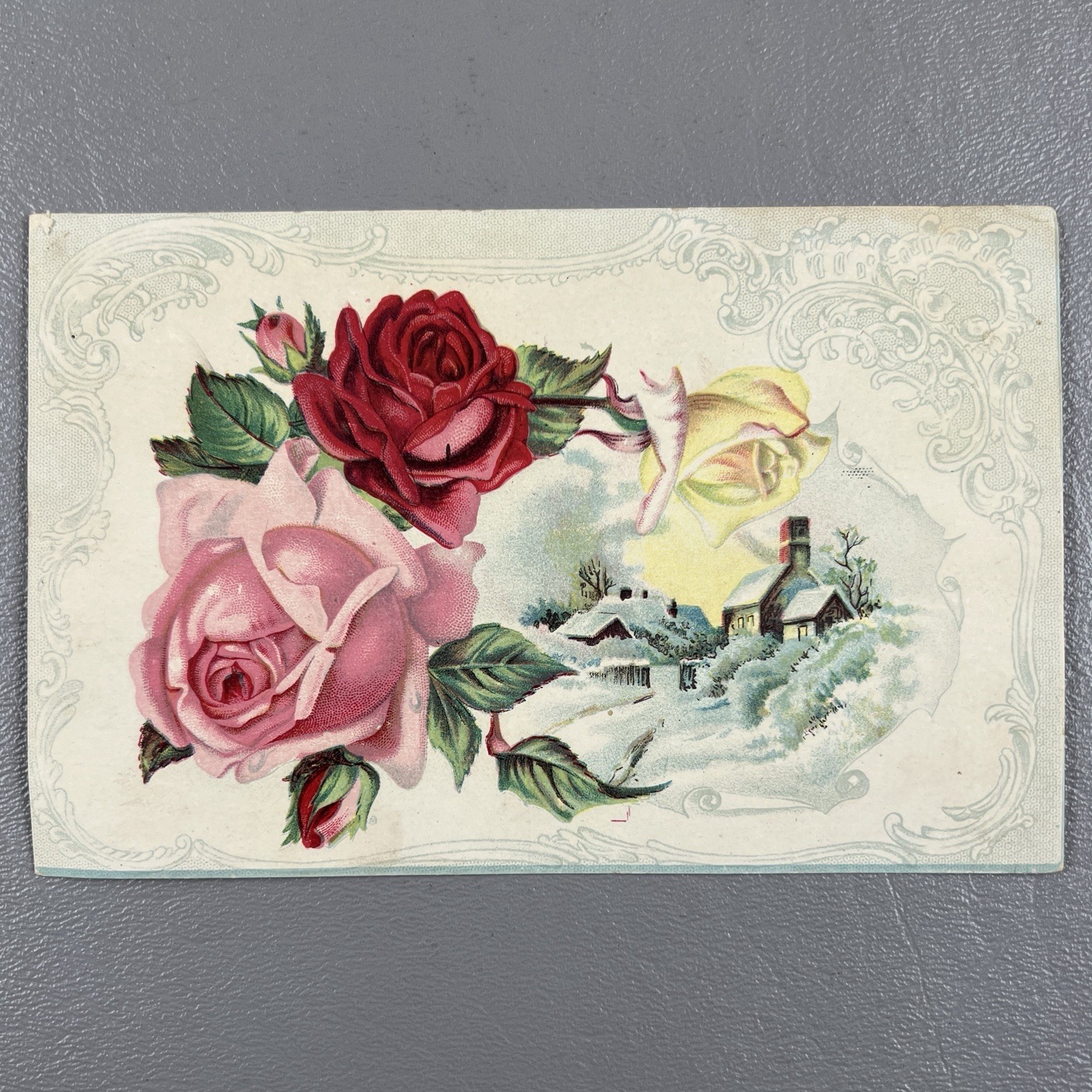Victorian Trade Card Roses Winter Cottage Home Red Pink Yellow