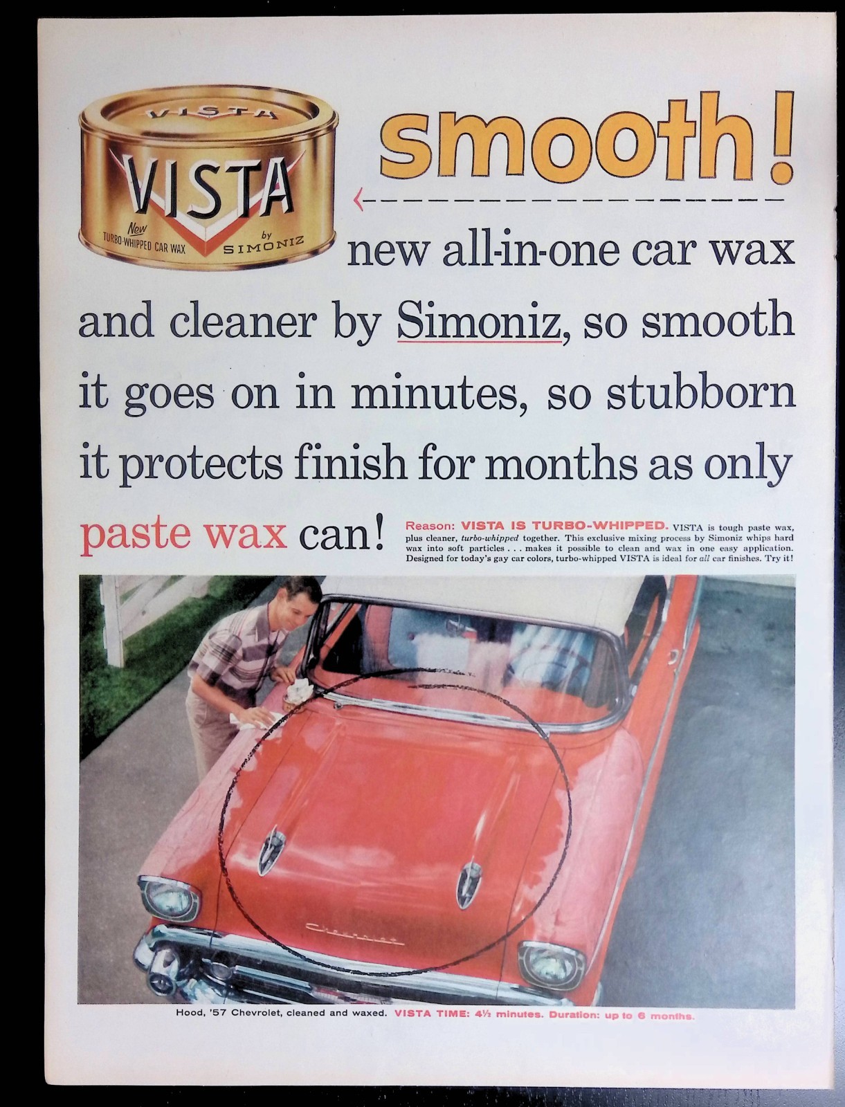 Print Ad 1950’s 1957 Chevy Red Hoos Vista Paste Wax