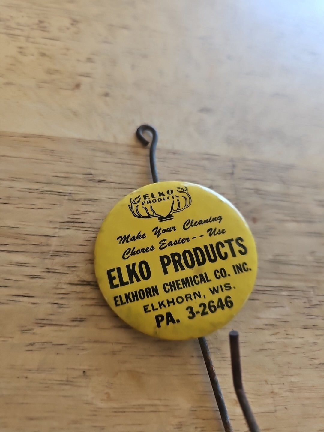 Old Advertising Receipt Hook Bill Holder, Elko Products. Elkhorn Wis. PA. 3-2646