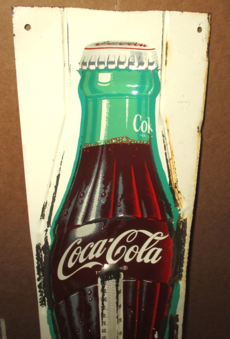 Coke Coca-Cola – Bottle Shaped — DE-BOSSED — Thermometer Sign — FACTORY ERROR