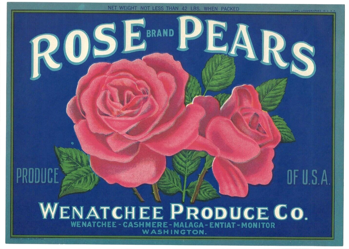 Original ROSE pear crate label Wenatchee, WA Cashmere Malaga Entiat Monitor blue