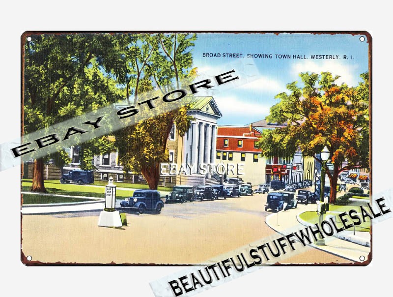 1930-45 Broad Street, Town Hall, Westerly, Rhode Island tin sign home bar plaque