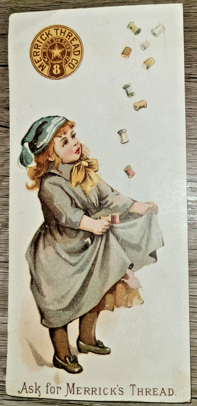 Antique Merrick Thread Co. Victorian trade card, little girl catching spools