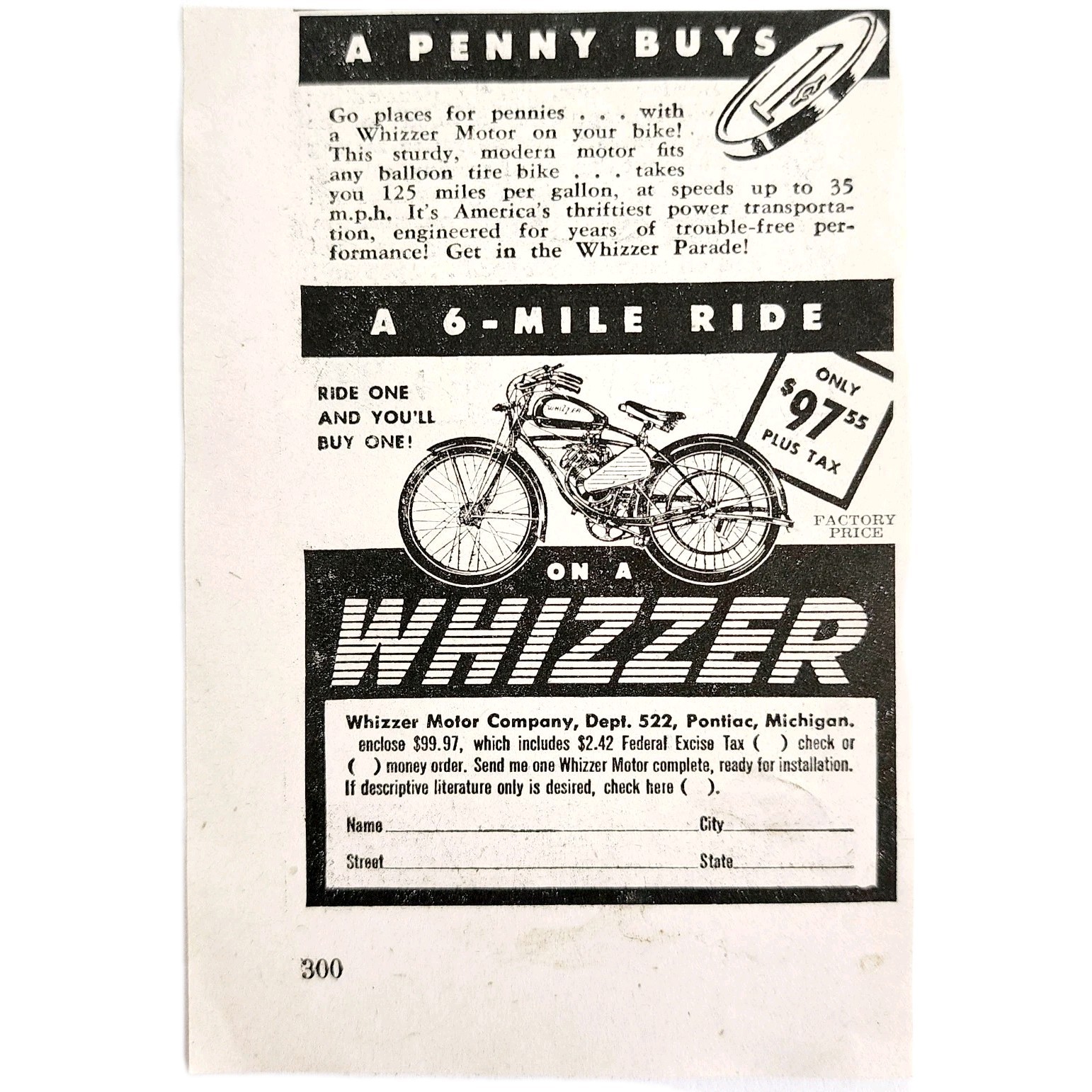 1948 Whizzer Motorcycle Bike Advertisement Portable Transportation Vintage E2J1