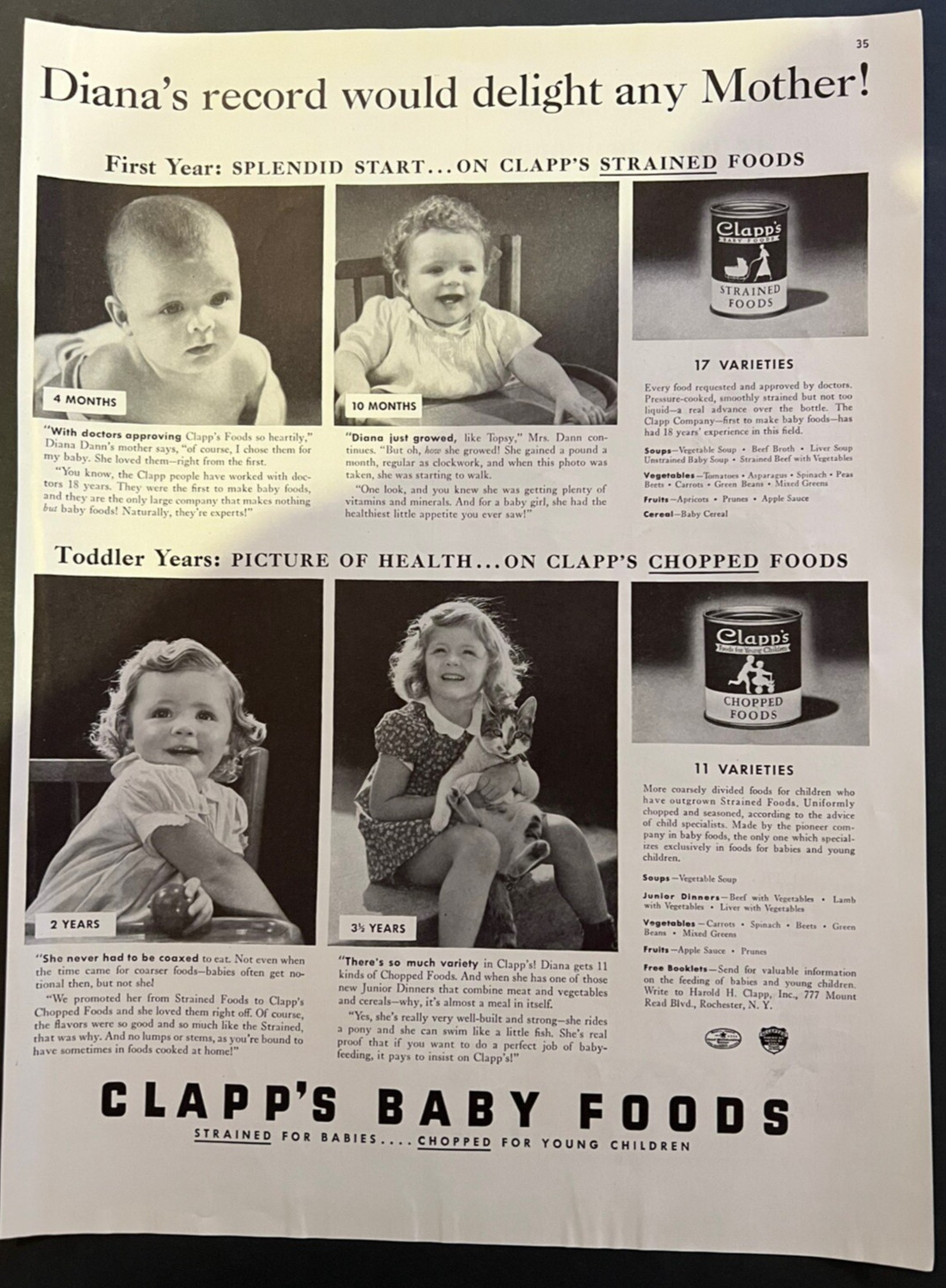 Vtg 1930s AD Clapp’s Baby Foods, Rochester, NY, Wall Decor,