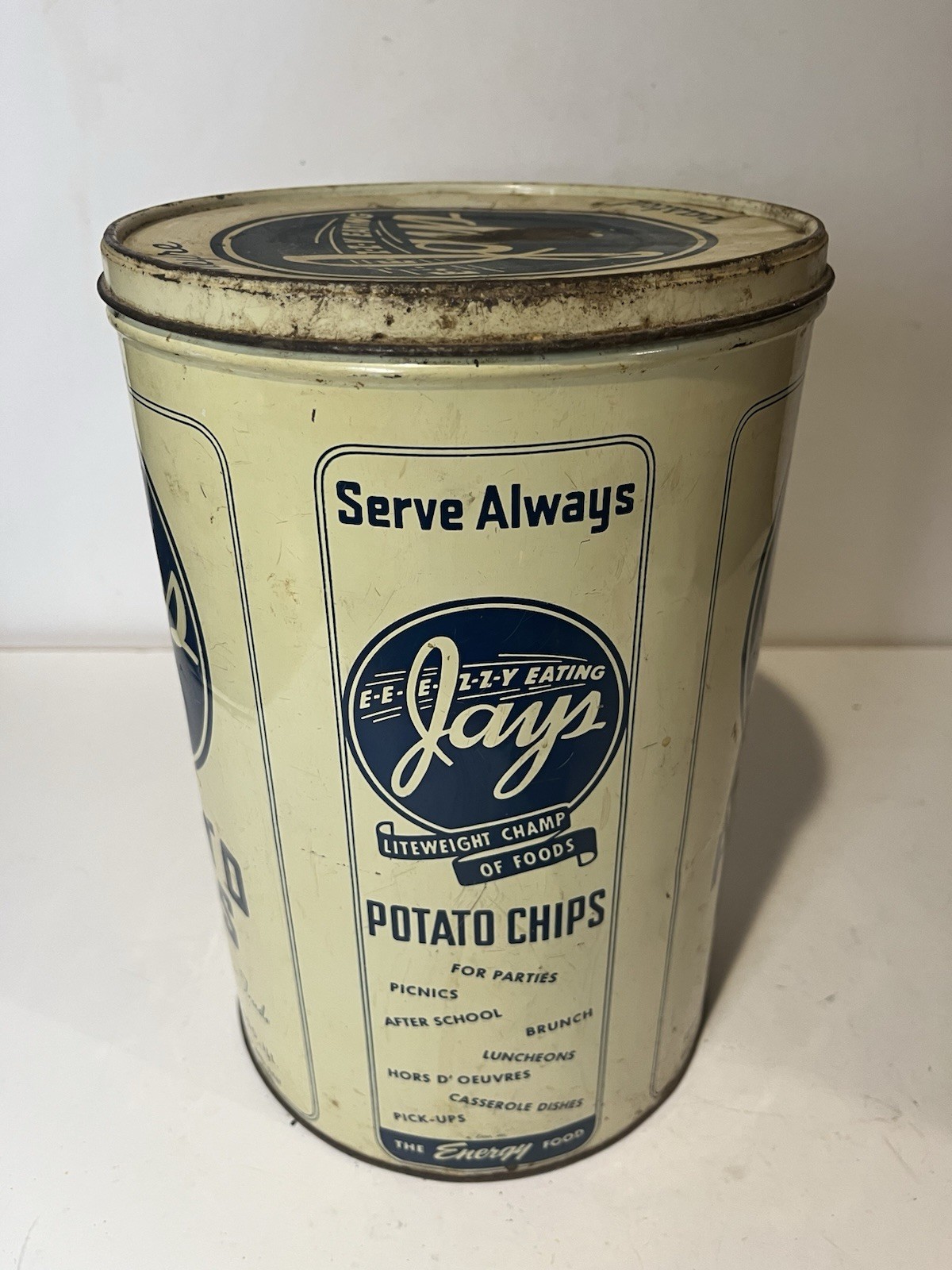 VINTAGE JAYS POTATO CHIP TIN 11.5″ Height 1940’s Shows Wear Rust