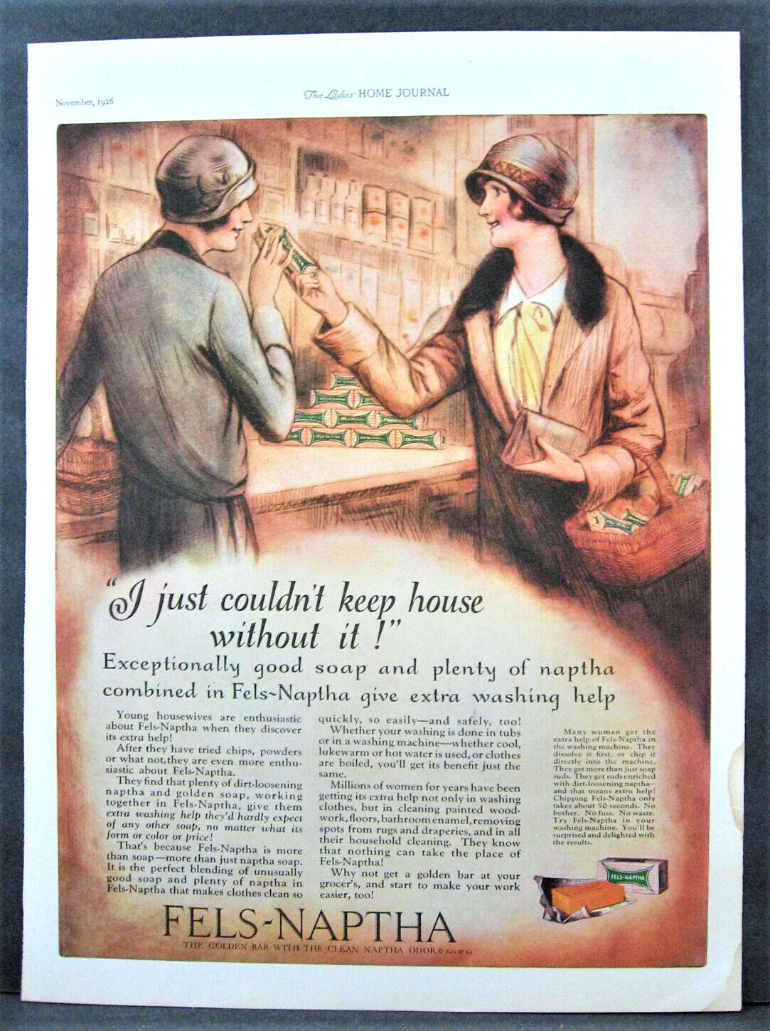 Vintage 1926 Fels Naptha Golden Bar Soap Full Page Magazine Ad