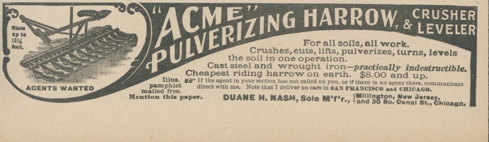 1898 Acme Pulverizing Harrow Crusher Leveler Duane H Nash Agents Wanted C Ad RS1