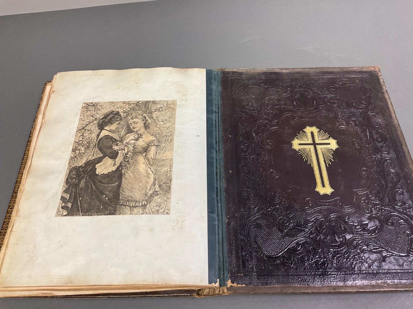 1860’s Antique Victorian Scrap Book Album Die Cuts, inside Leather bound Bible