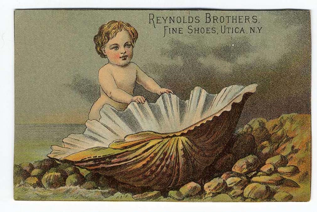 Utica NY REYNOLDS BROTHERS SHOES Dement & Co VICTORIAN Trade Card BABY SHELL