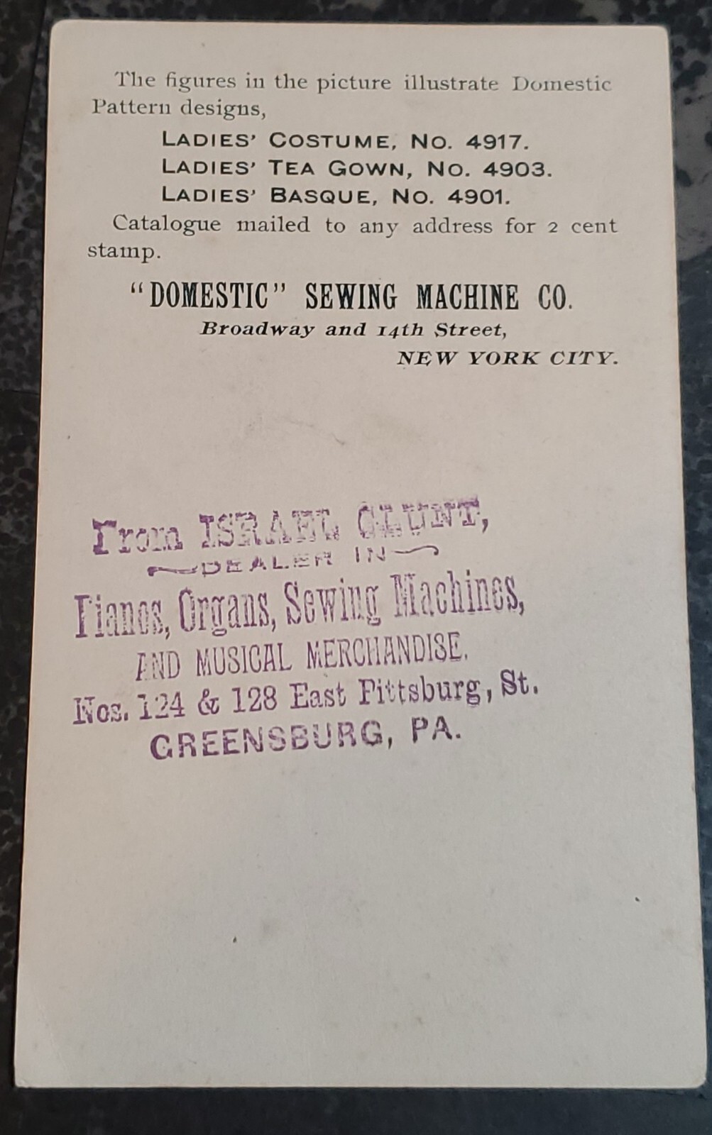 VTG 1900’s Domestic Sewing Machine Co NYC Trade Card w Pattern Designs PA