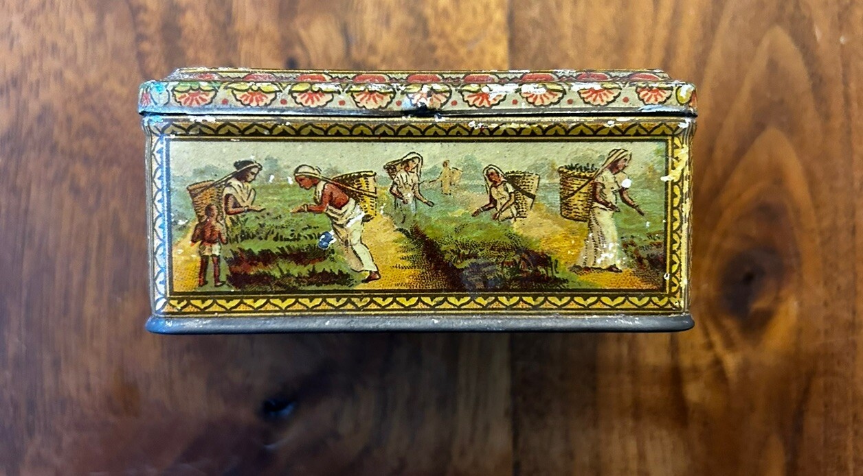 Antique Victorian Era Tin Lithograph Metal Box Pure Indian Tea 3x2x1.5