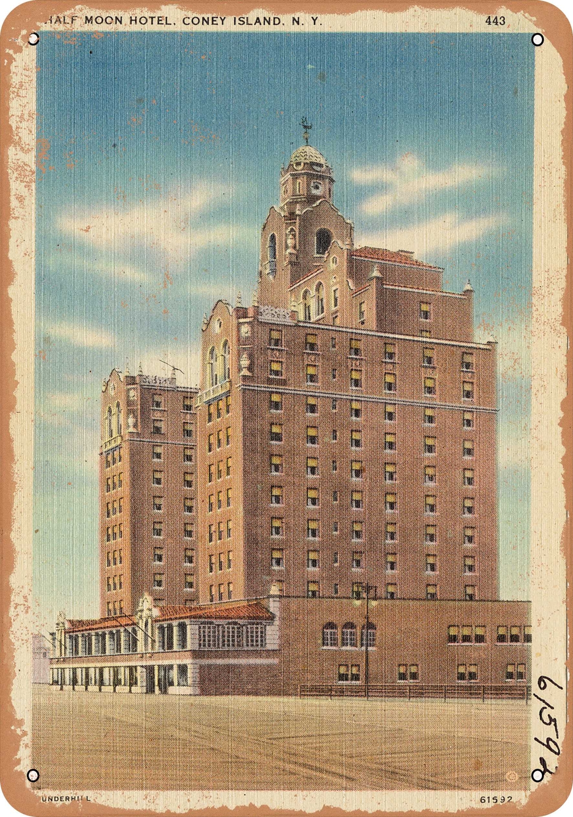 METAL SIGN – New York Postcard – Half Moon Hotel, Coney Island, N. Y.