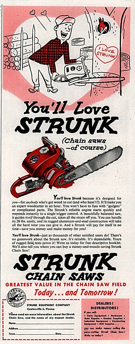 1953 a Strunk Chain Saw Cartoon Woodpecker Print Ad