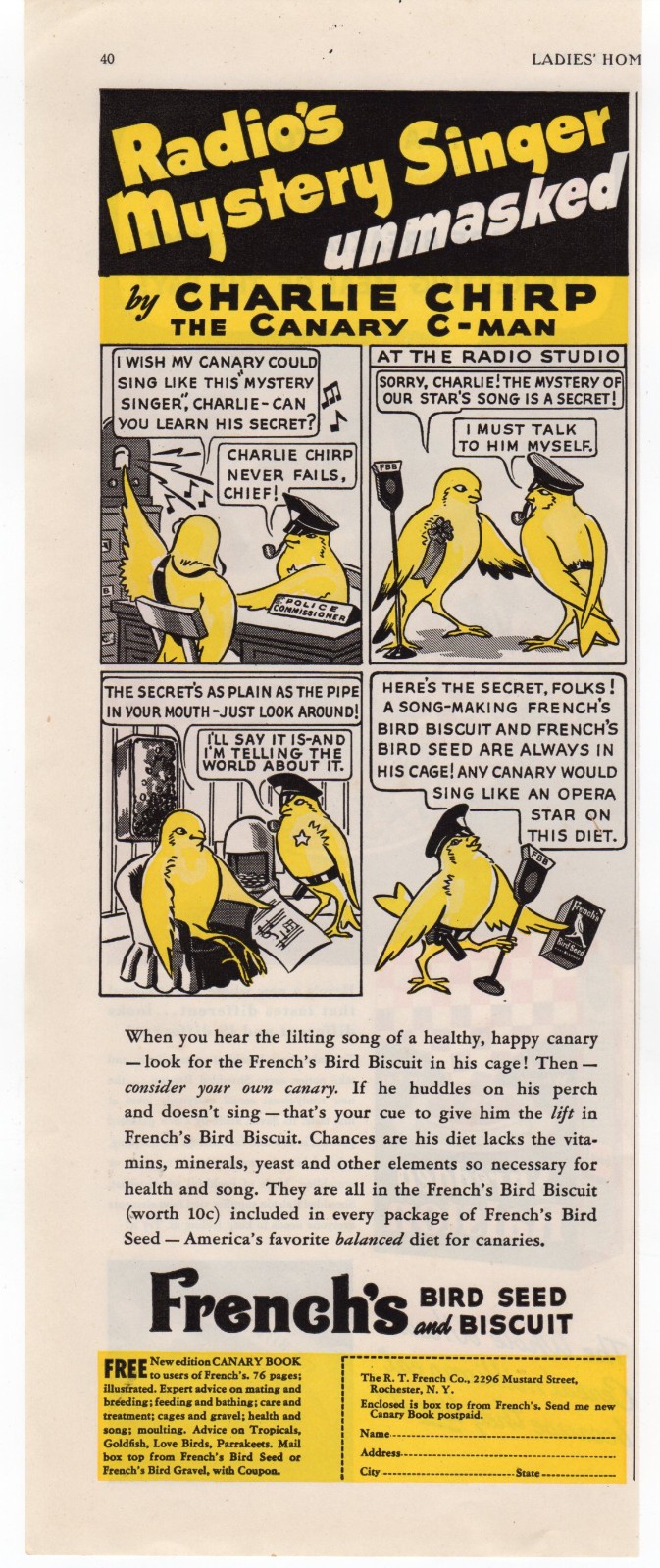 1939 French’s Bird Seed Canary Mystery Singer Charlie Chirp Magazine Ad