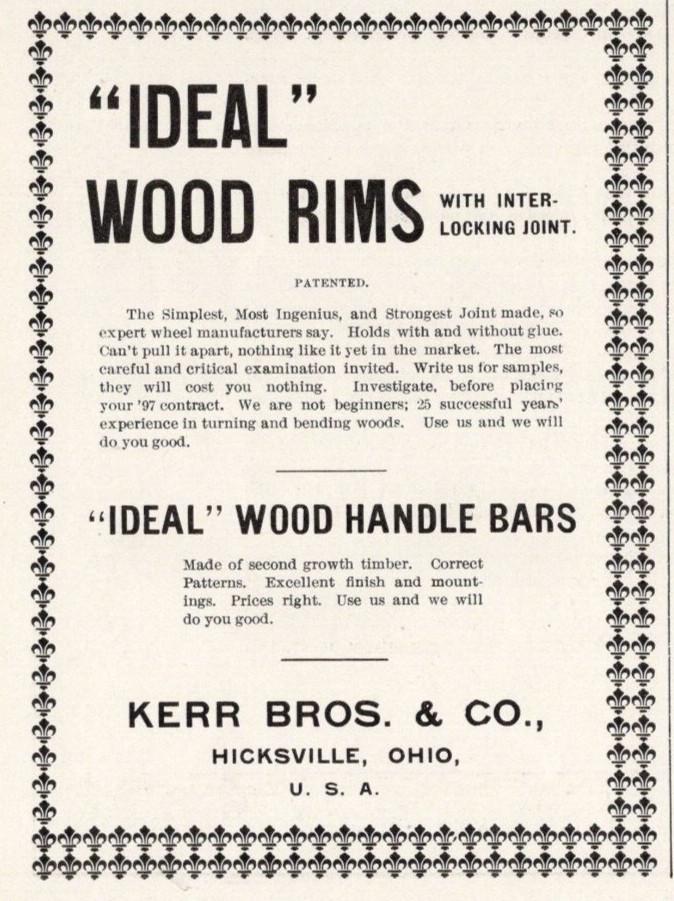 1896 Bicycle Print Ad Ideal Wood Rims Kerr Bros Hicksville OH