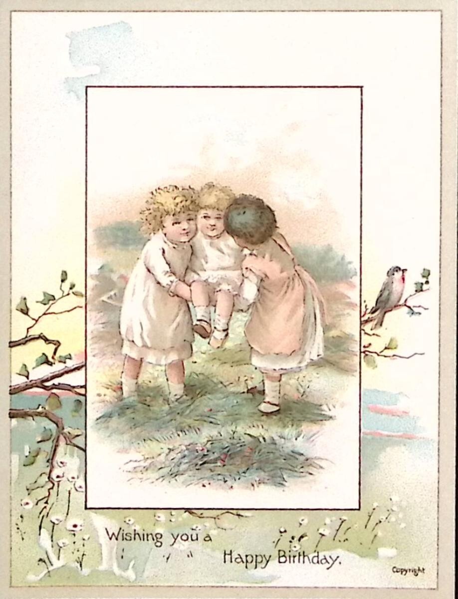 c1880 YOUNG GIRLS WISHING YOU A HAPPY BIRTHDAY VICTORIAN TRADE CARD P4469