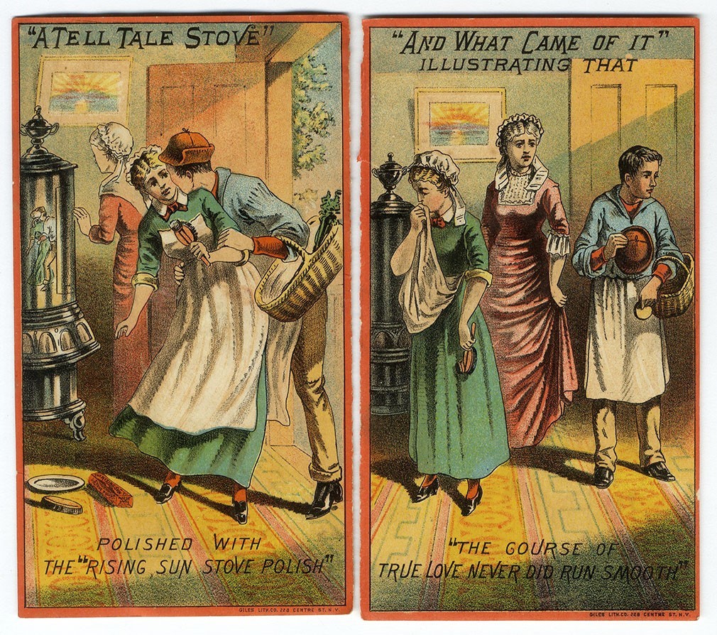 RISING SUN Stove Polish 1880’s A TELL TALE STOVE Victorian Folding Trade Card