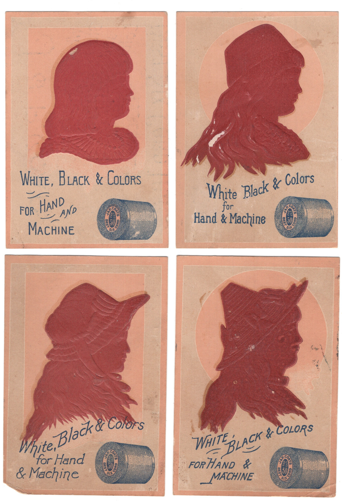 J & P COATS THREAD, 4 MATCHING EMBOSSED TRADE CARDS, RED SILHOUETTES Z321*