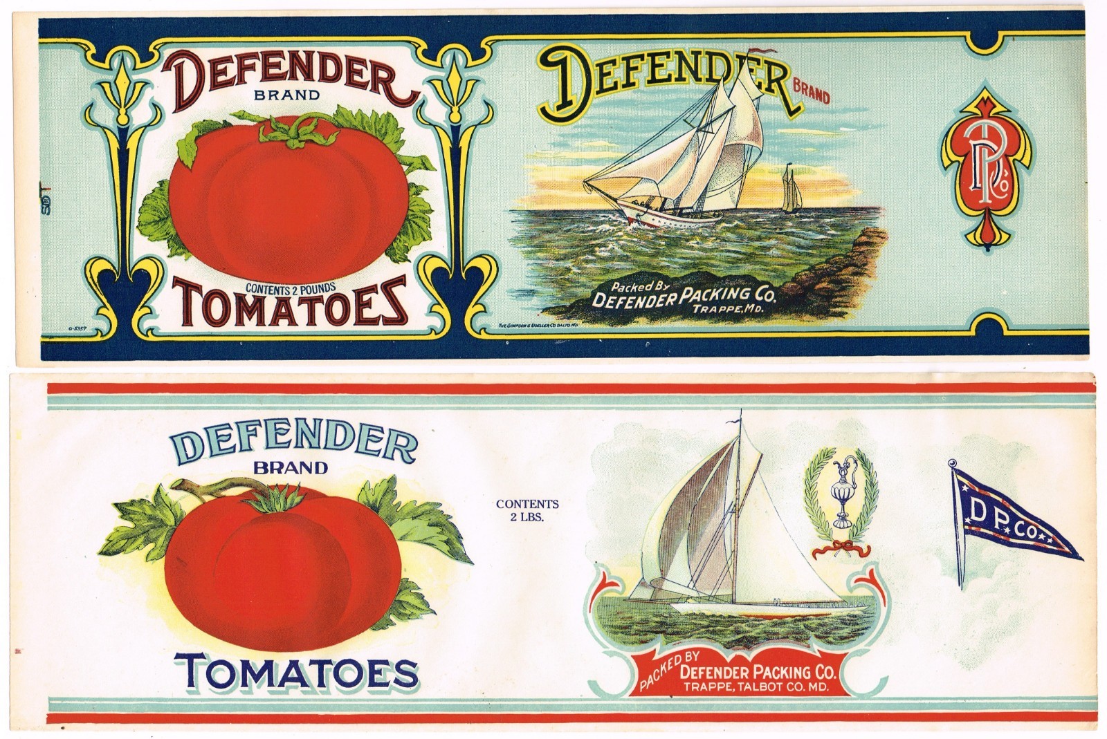 2 ORIGINAL VINTAGE CAN LABELS MARYLAND C1920 DEFENDER SAILING YACHT LARGER SIZE