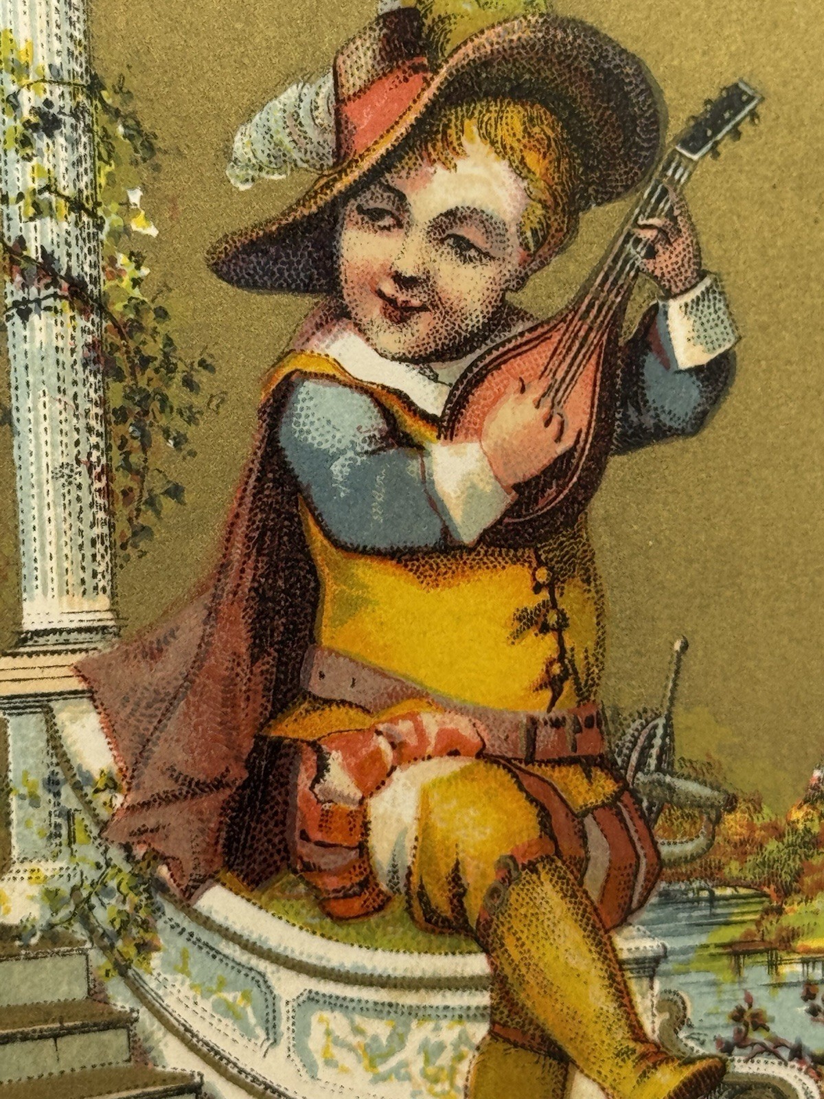 1890s Alpaca Umbrellas Victorian Trade Card Little Boy Playing A Lute