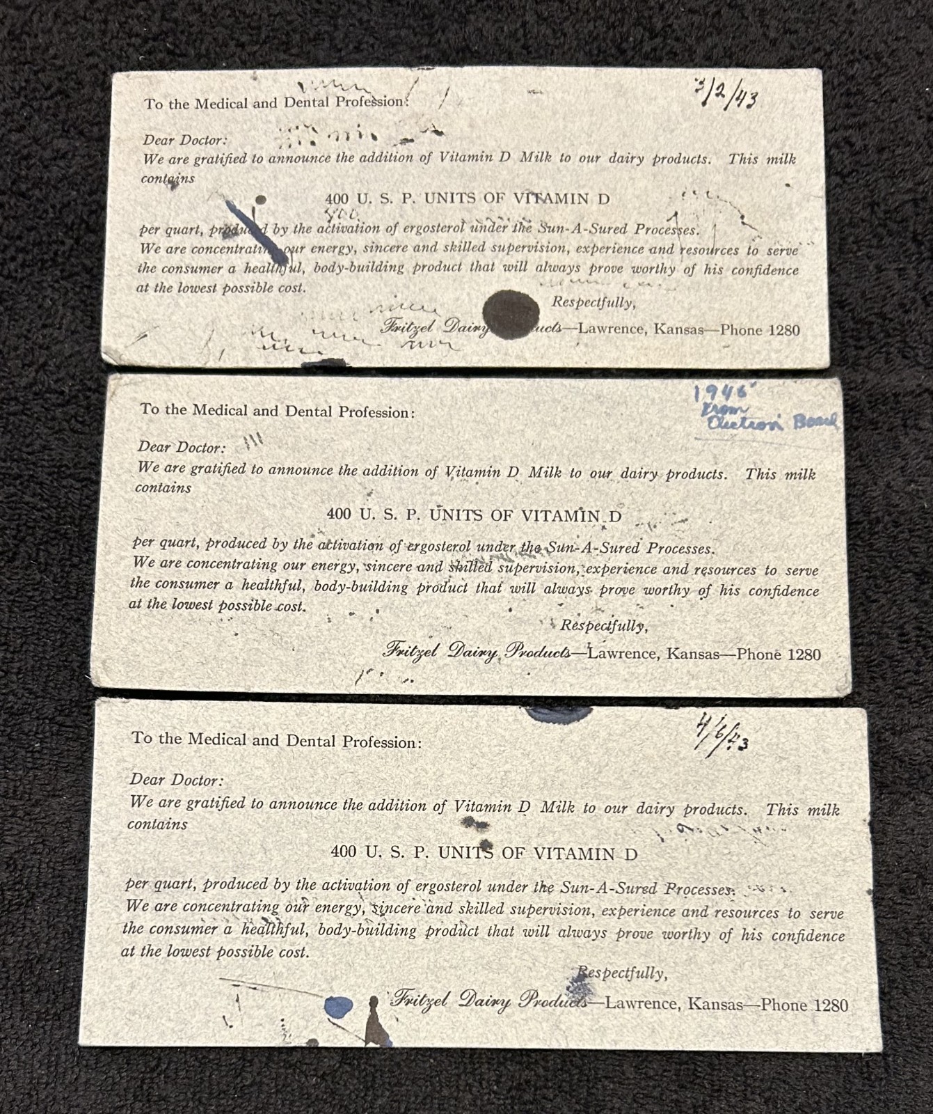 1940s Fritzel Dairy Products Lawrence Kansas blotters group – WWII-era