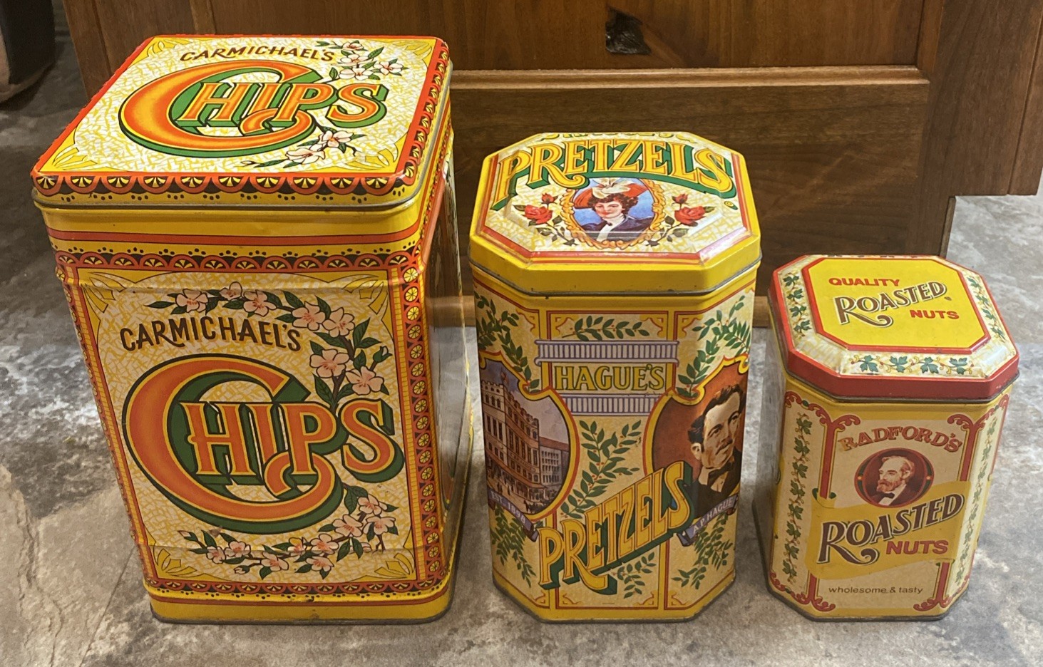 Vintage 1980s CARMICHAEL’S Chips HAGUE’S Pretzels RADFORD’S Nuts Hinged-Lid Tins