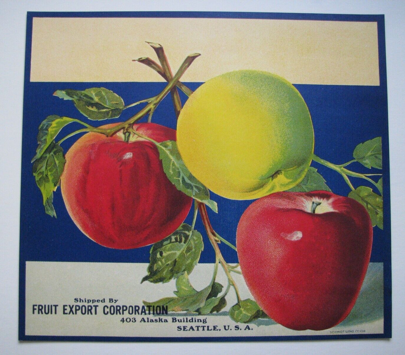 Original FRUIT EXPORT CORPORATION apple crate label Seattle, Washington