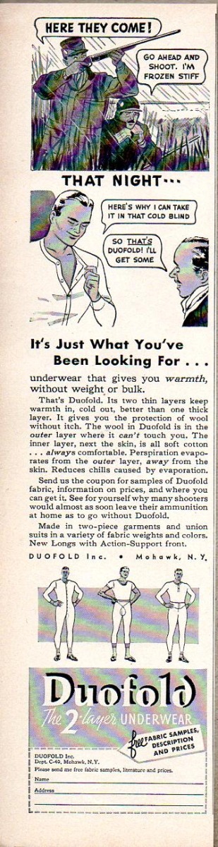 1940 Print Ad DuoFold 2-Layer Underwear Duck Hunters Mohawk,NY