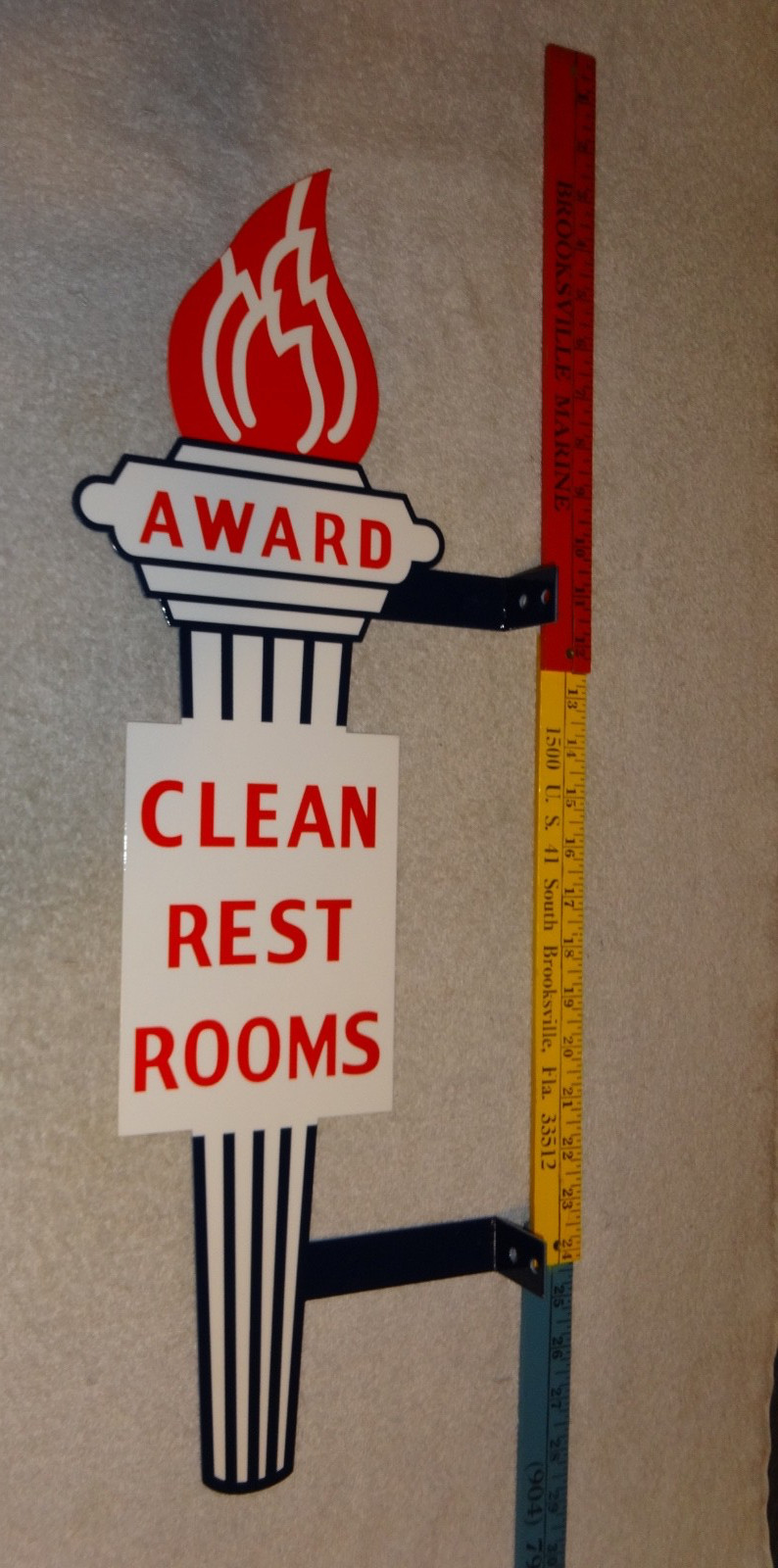 VINTAGE STANDARD GASOLINE TORCH CLEAN RESTROOM 2′ HUGE METAL AWARD BATHROOM SIGN