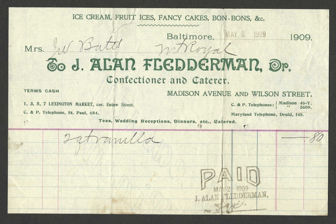 1909 Invoice J Alan Fledderman Confectioner Caterer Baltimore Ice Cream Bon Bons
