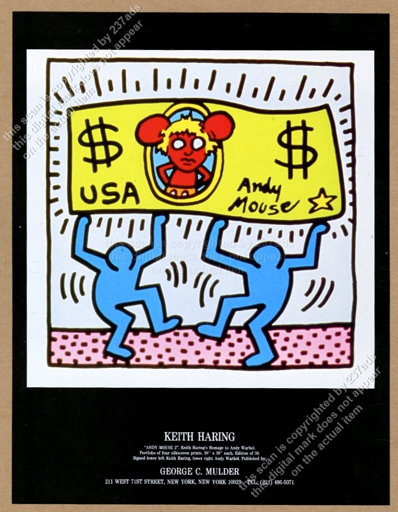 1987 Keith Haring art Andy Mouse Warhol money NYC gallery vintage print ad