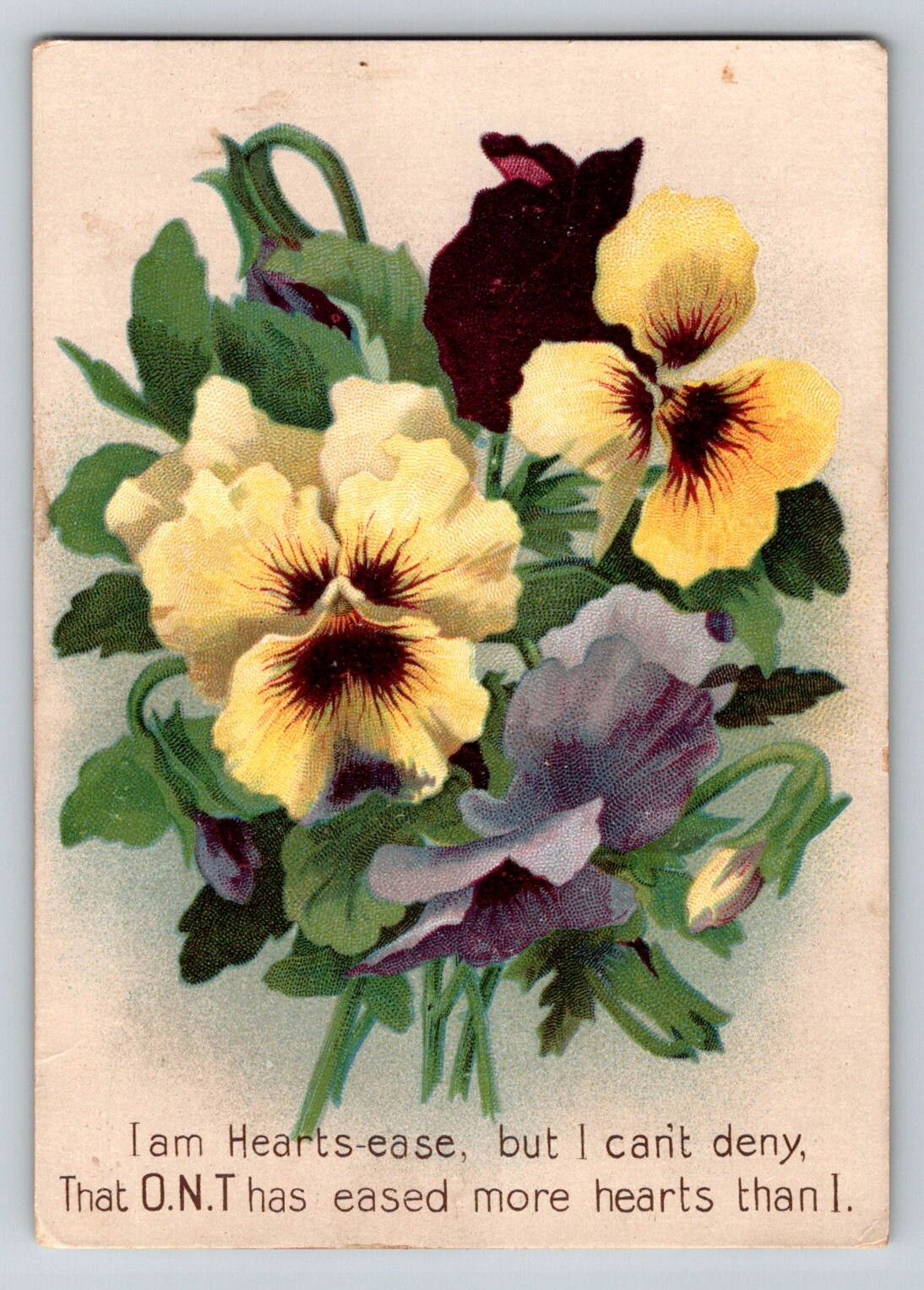 Victorian Trade Card Clarks O.N.T. Thread Pansy Flower Sewing 3.5″ x 4.5″