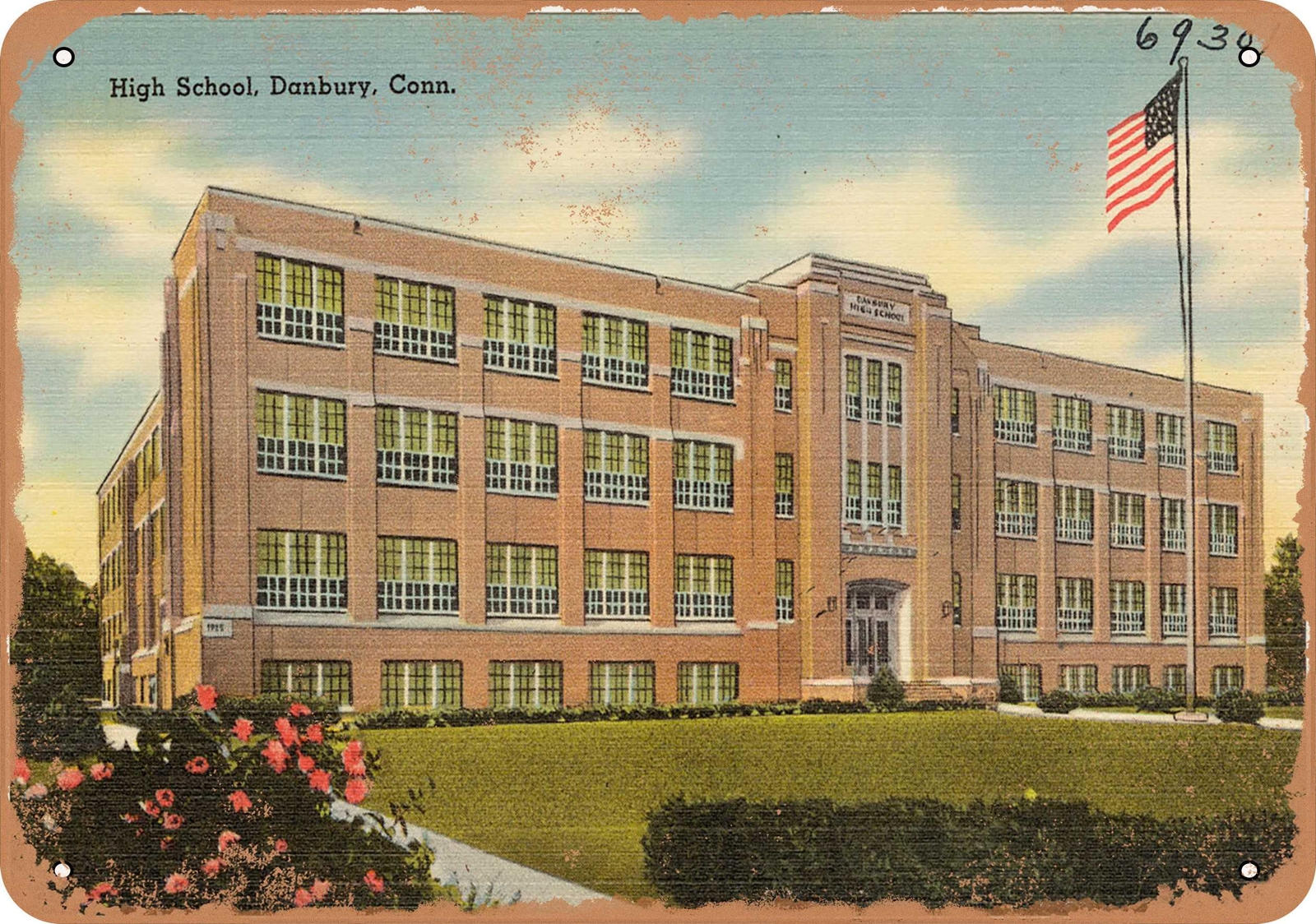 METAL SIGN – Connecticut Postcard – High school, Danbury, Conn.