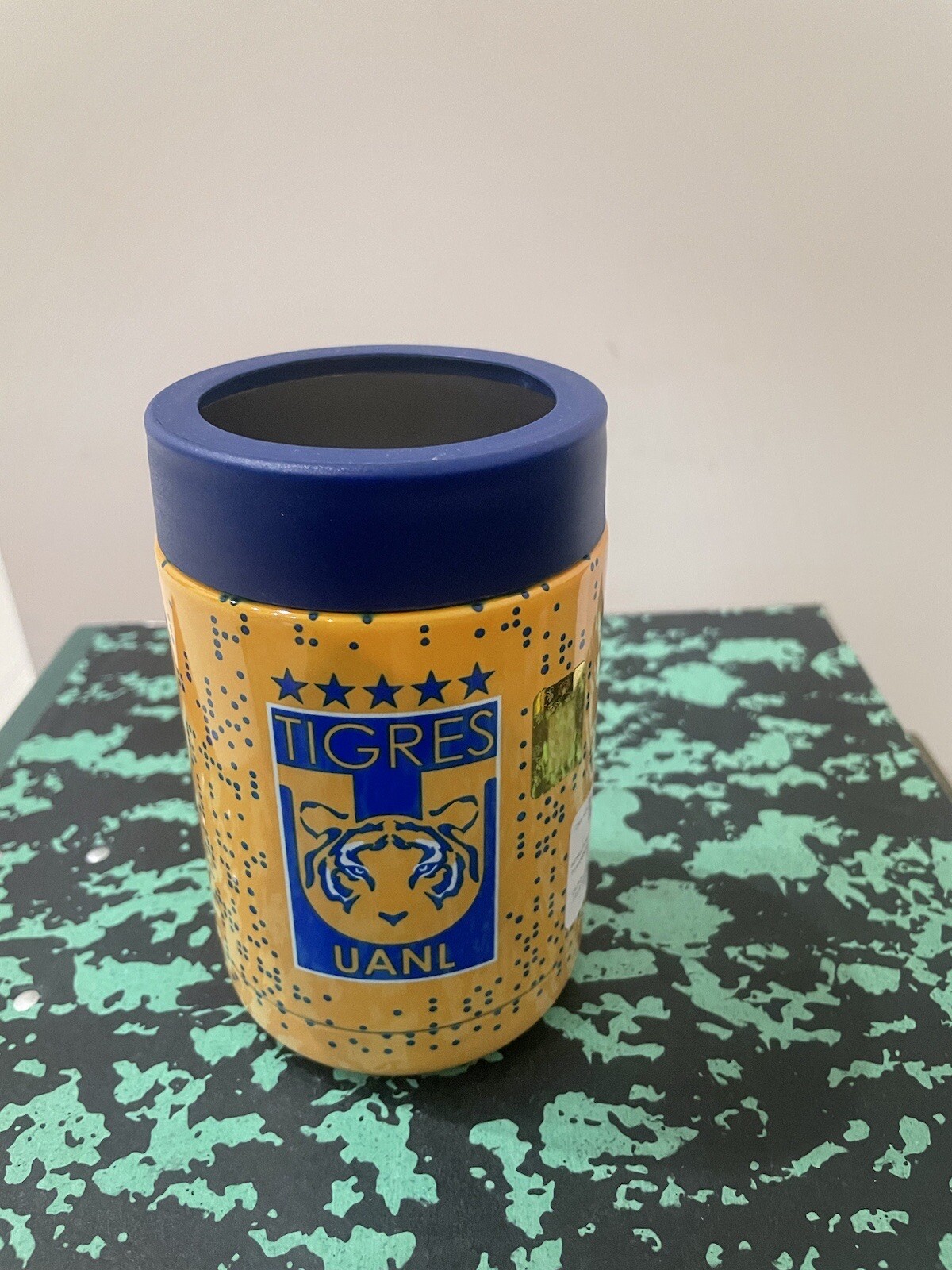 Tigres UANL Can Holder Stainless Steel case. 2.9 in. Diameter x 4.9 High