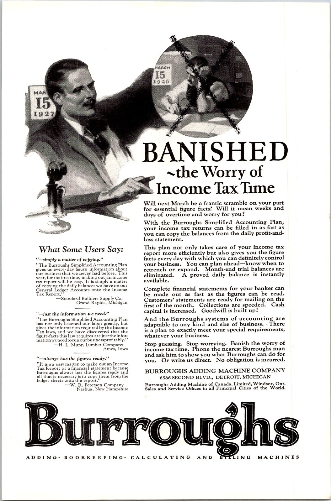 PRINT AD 1926 Burroughs Adding Machine Co Banished Worry of Tax Time 6.75 x 10