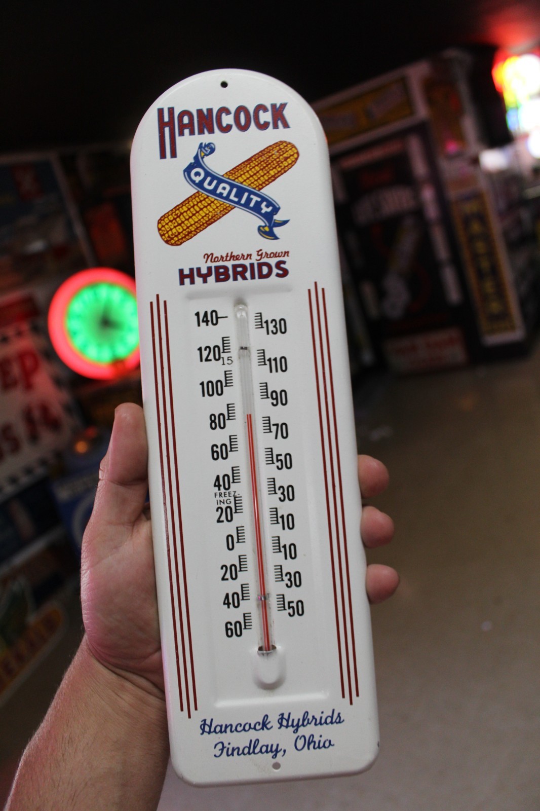 RARE 1950s HANCOCK HYBRID SEED CORN DEALER METAL THERMOMETER SIGN FARM FINDLAY