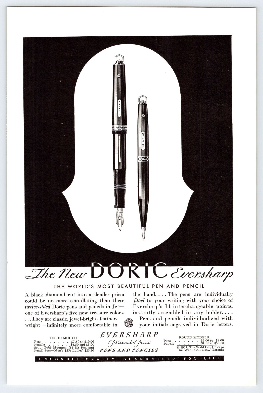 1931 DORIC EVERSHARP PENS AND PENCILS VTG 6.5″ x 10″ Magazine Ad 1930’s M453