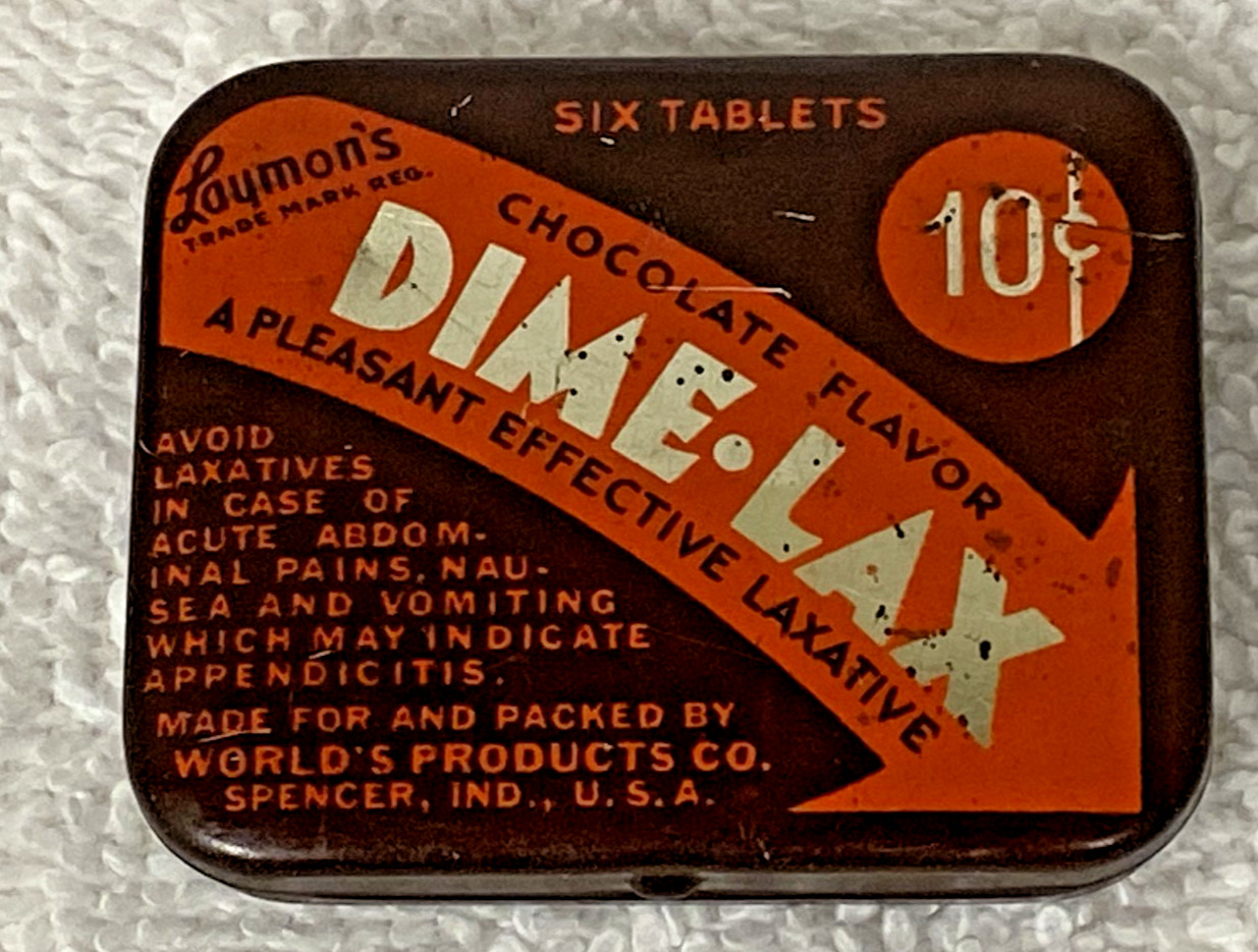 Vintage Laymans Dime Lax Small Pocket Size Medicine Laxative Litho Tin Box