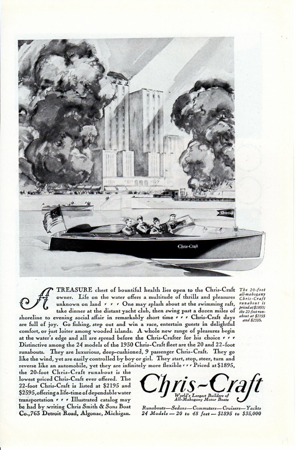 Vintage print advertisement 1930 Boat Chris Craft 20 foot runabout mahogany art