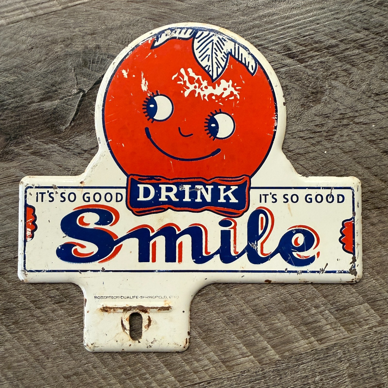 1940’s Drink Smile Orange Soda Metal Stamped Vintage Style License Plate Topper