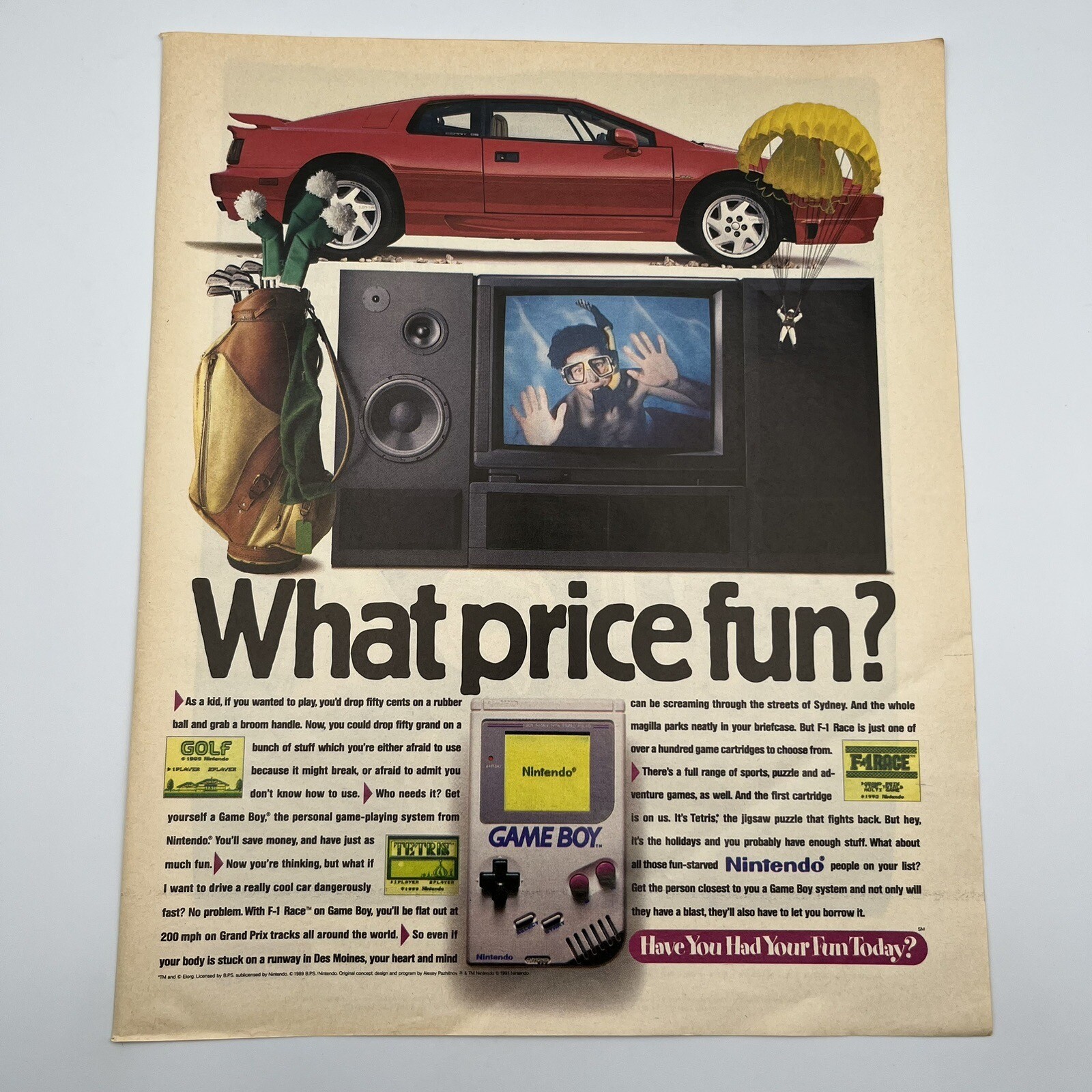 Nintendo Game Boy 1991 Vtg Print Ad 10″x12″ Lotus Esprit golf bag what price fun