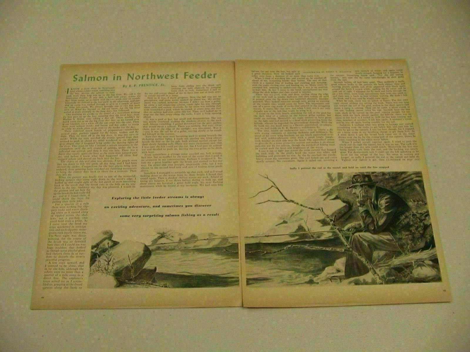 1947 Magazine Picture “Salmon Northwest Feeder” Fishing Drawn by EP Prentice Jr.