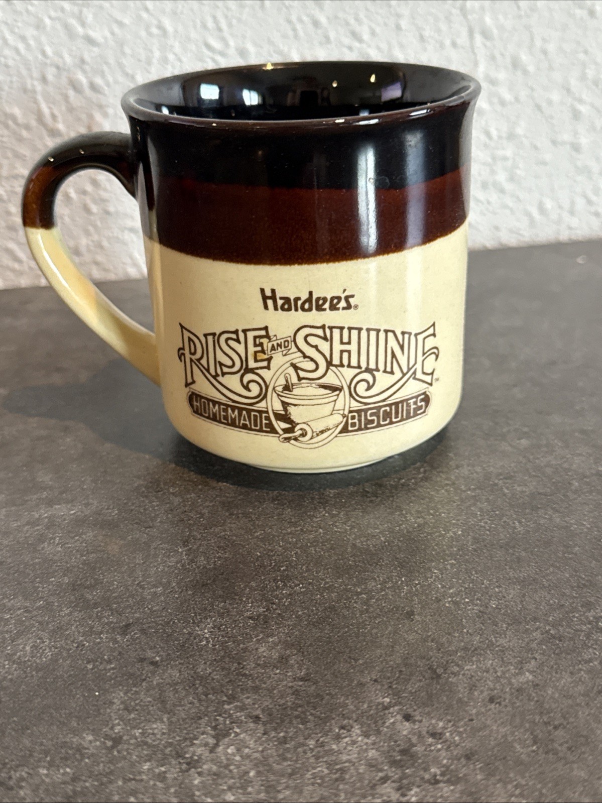 Hardee’s Rise And Shine Homemade Biscuits Vintage Coffee Cup Mug 1999 Brown Tan