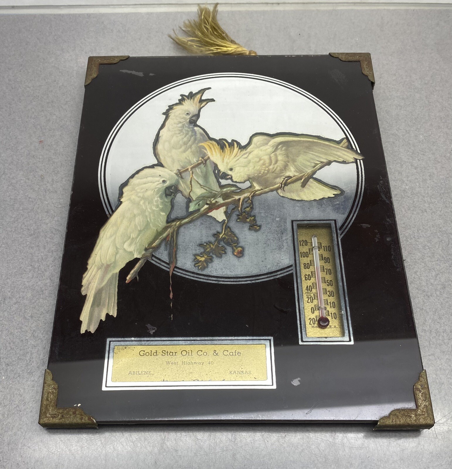Vintage Advertising Thermometer Mirror Gold Star Oil & Cafe Arlene Kansas Birds