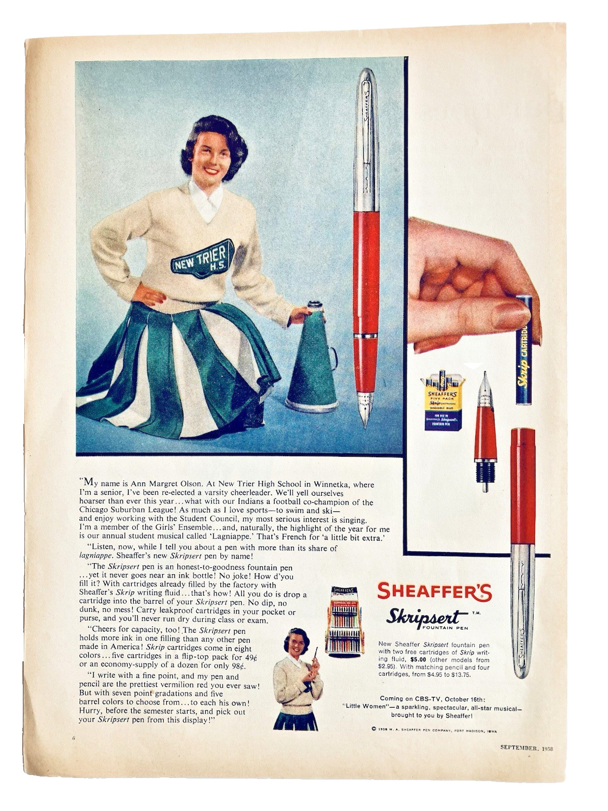 Sheaffer’s Skripsert Fountain Pen 1959 Print Ad 1950s Cheerleader Teenager