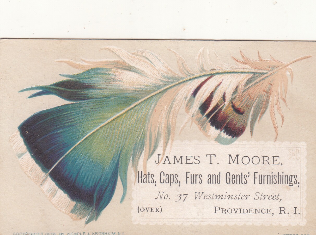 James T Moore Hats Caps Furs Providence RI Peacock Feather Vict Card c1880s