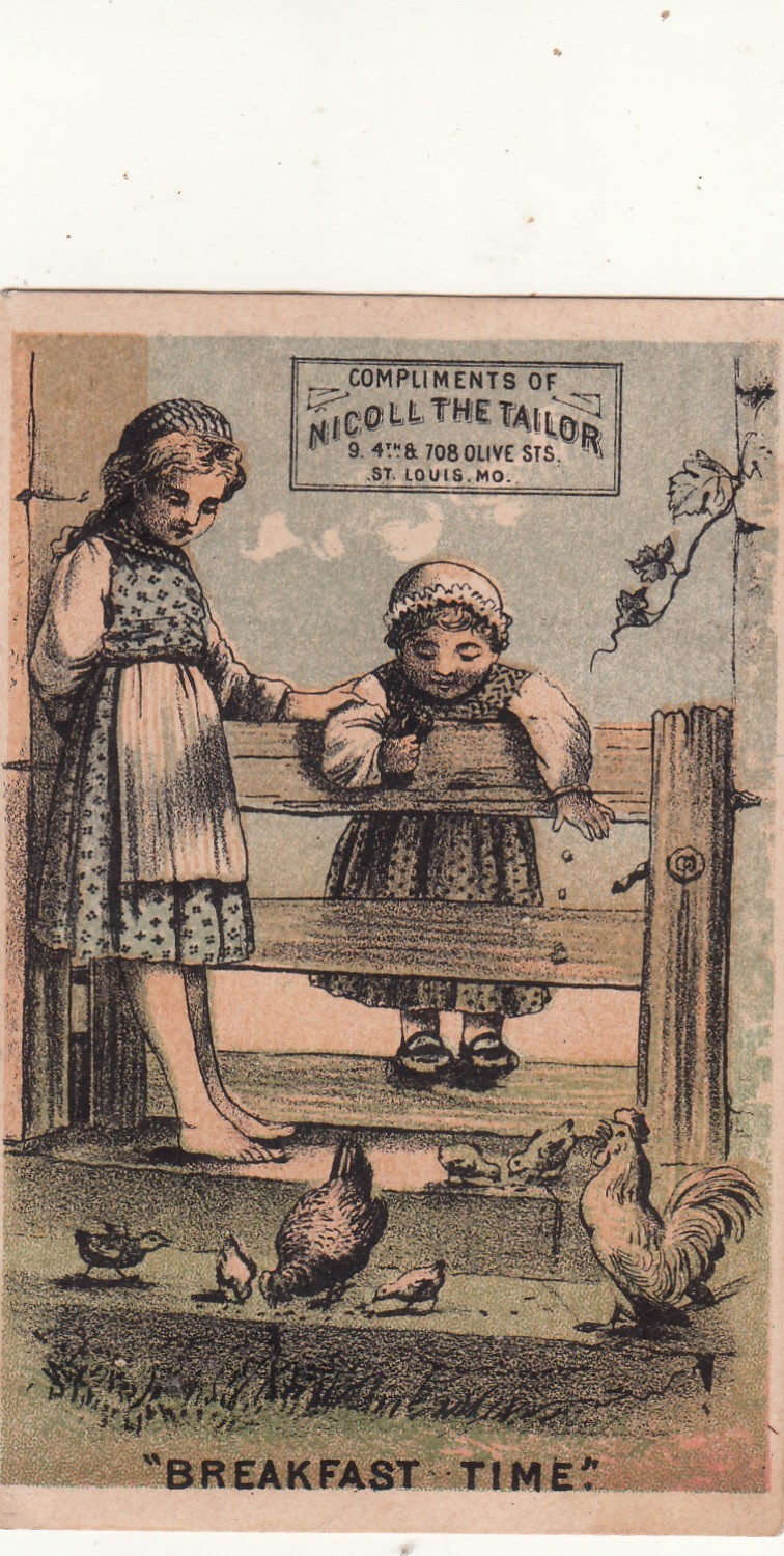 Nicoll the Tailor New York BREAKFAST TIME Girls Fence Chickens Vict Card c1880s