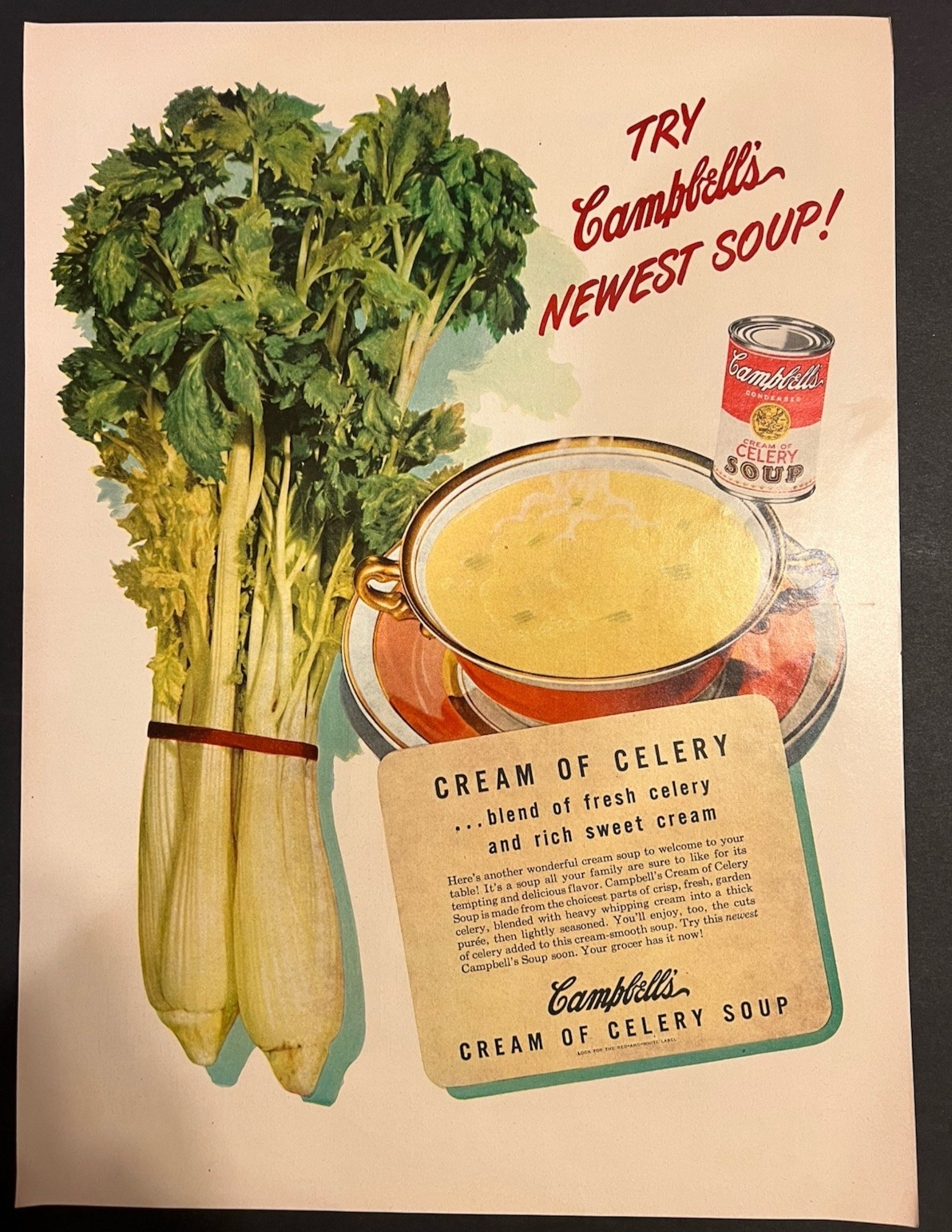 Vtg 1950s AD-Try Campbell’s Newest Soup: Cream of Celery Soup Fresh Celery/Cream